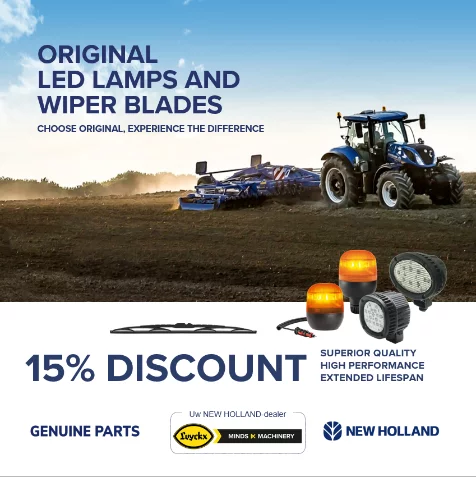 15% de réduction sur les balais d'essuie-glace et lampes LED New Holland d'origine.