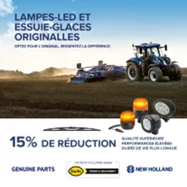 15% de réduction sur les balais d'essuie-glace et lampes LED New Holland d'origine.